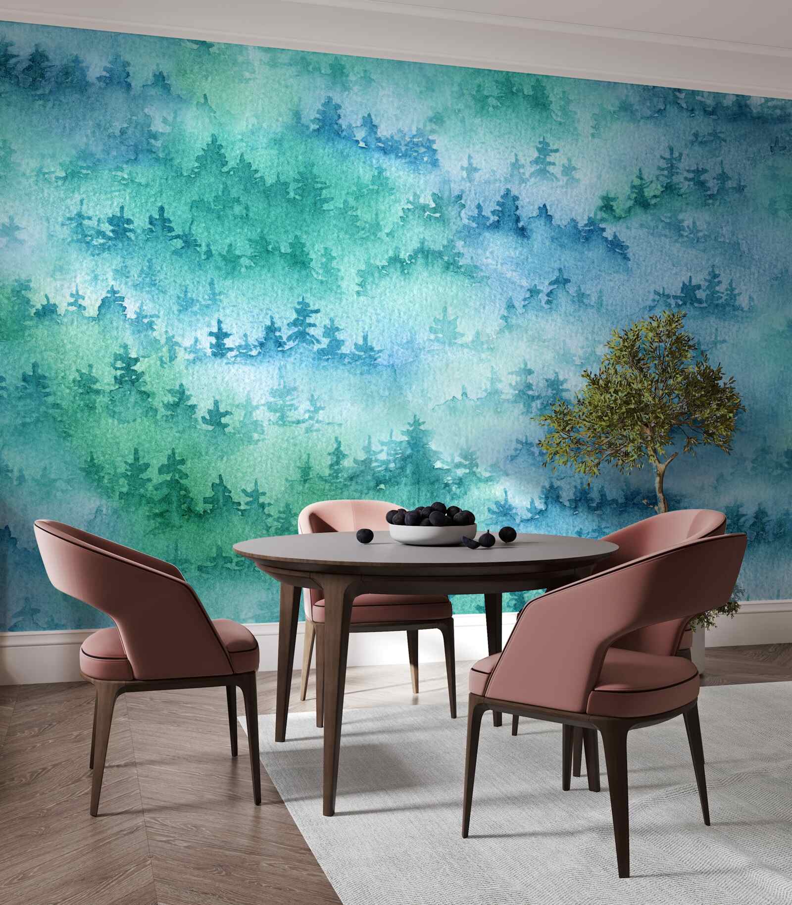 Papier peint la forêt de conifères est enveloppée d'un épais brouillard