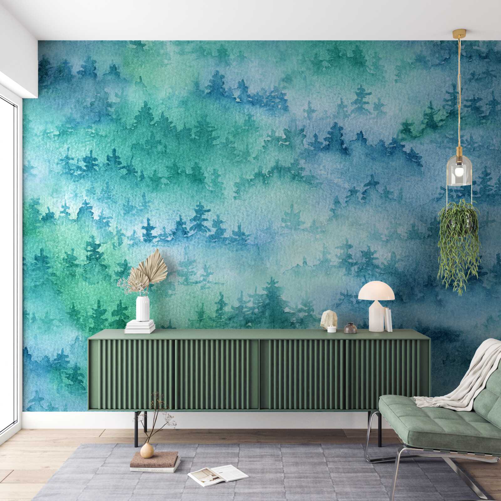 Papier peint la forêt de conifères est enveloppée d'un épais brouillard