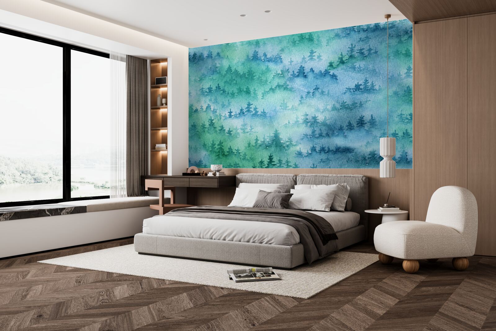 Papier peint la forêt de conifères est enveloppée d'un épais brouillard