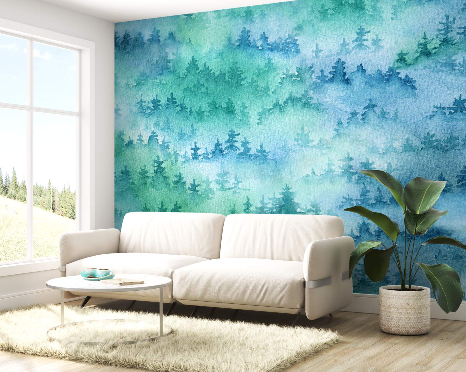 Papier peint la forêt de conifères est enveloppée d'un épais brouillard