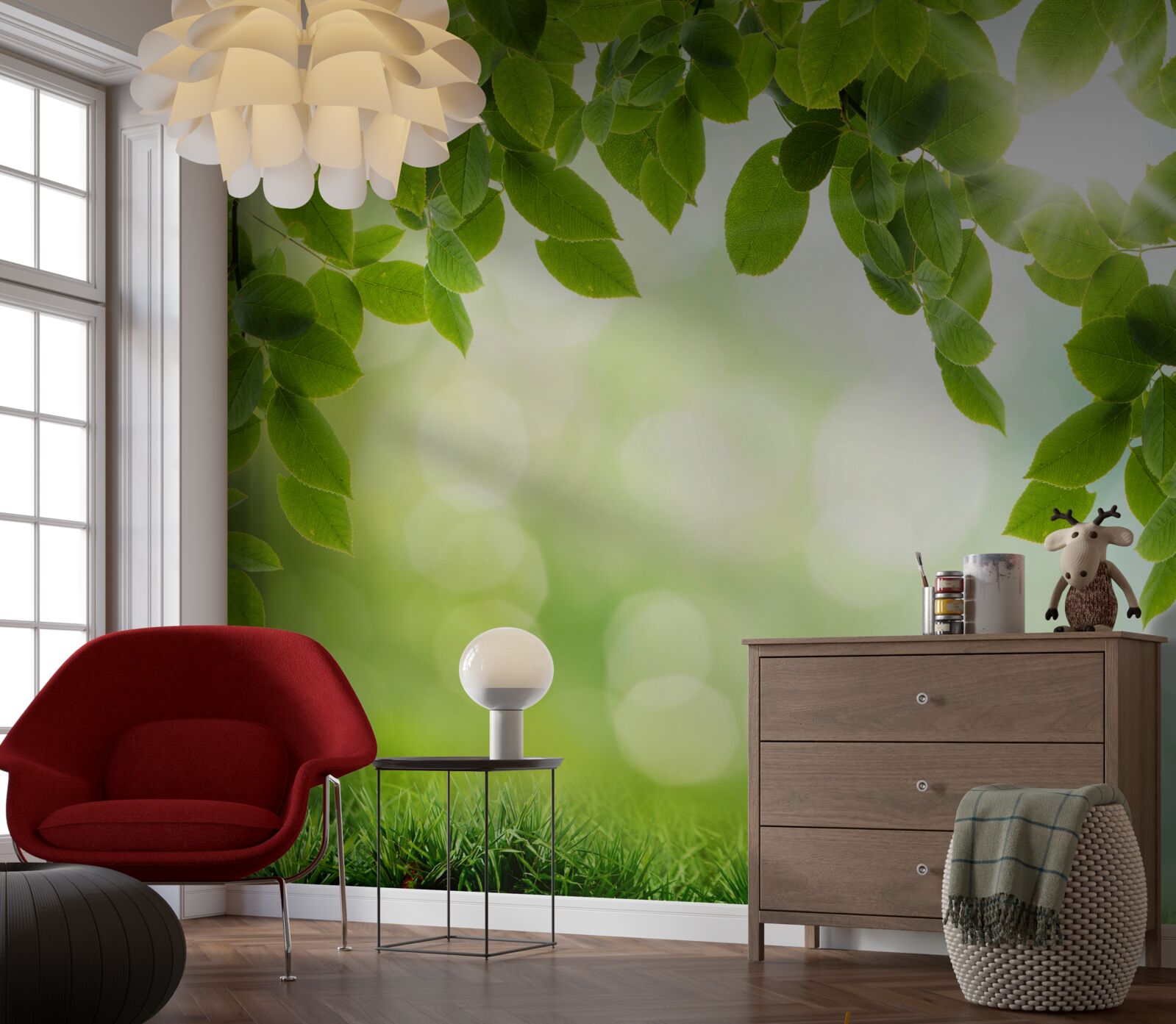 Papier peint le soleil dans son éclat et les feuilles ornées de gouttes vertes