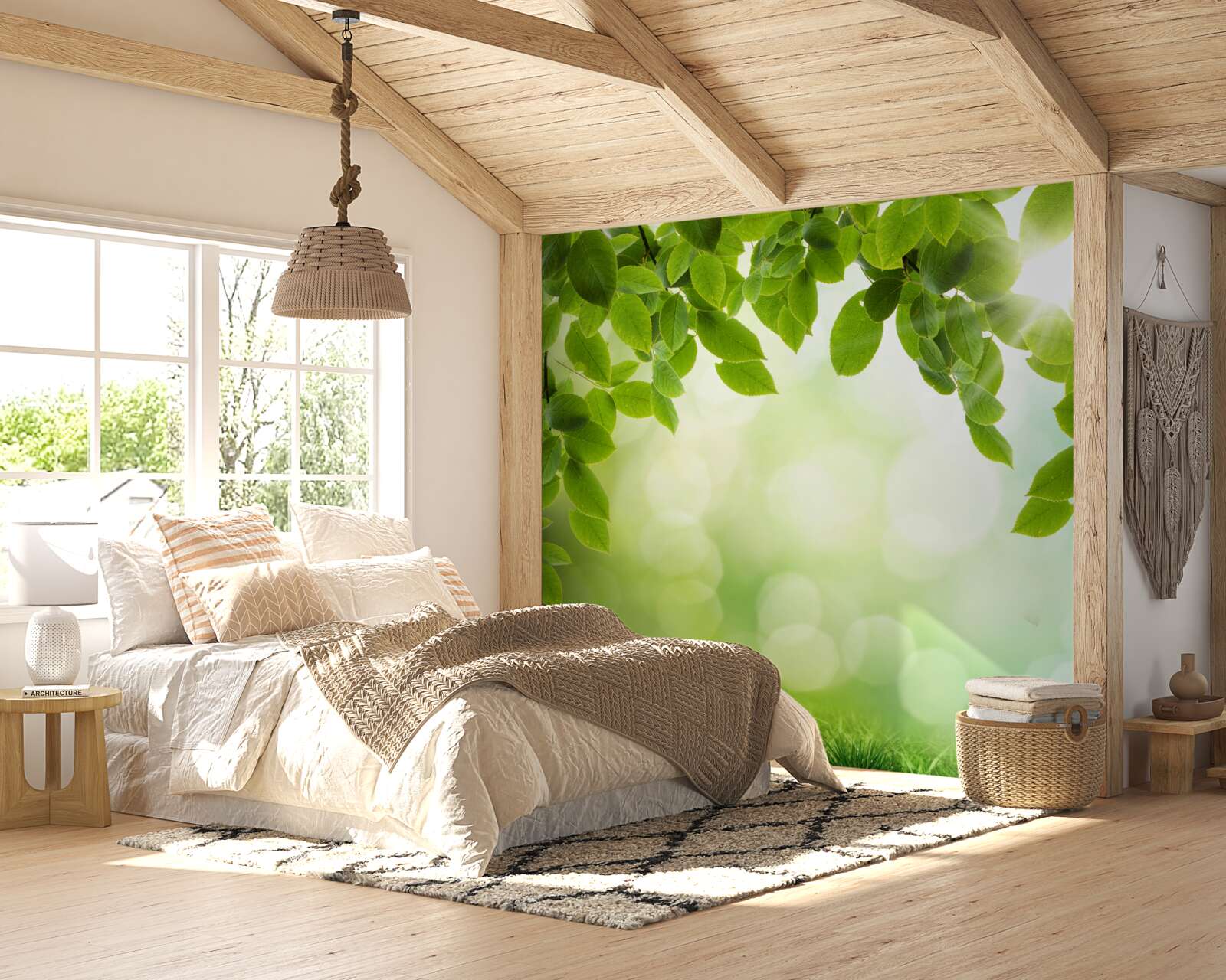 Papier peint le soleil dans son éclat et les feuilles ornées de gouttes vertes