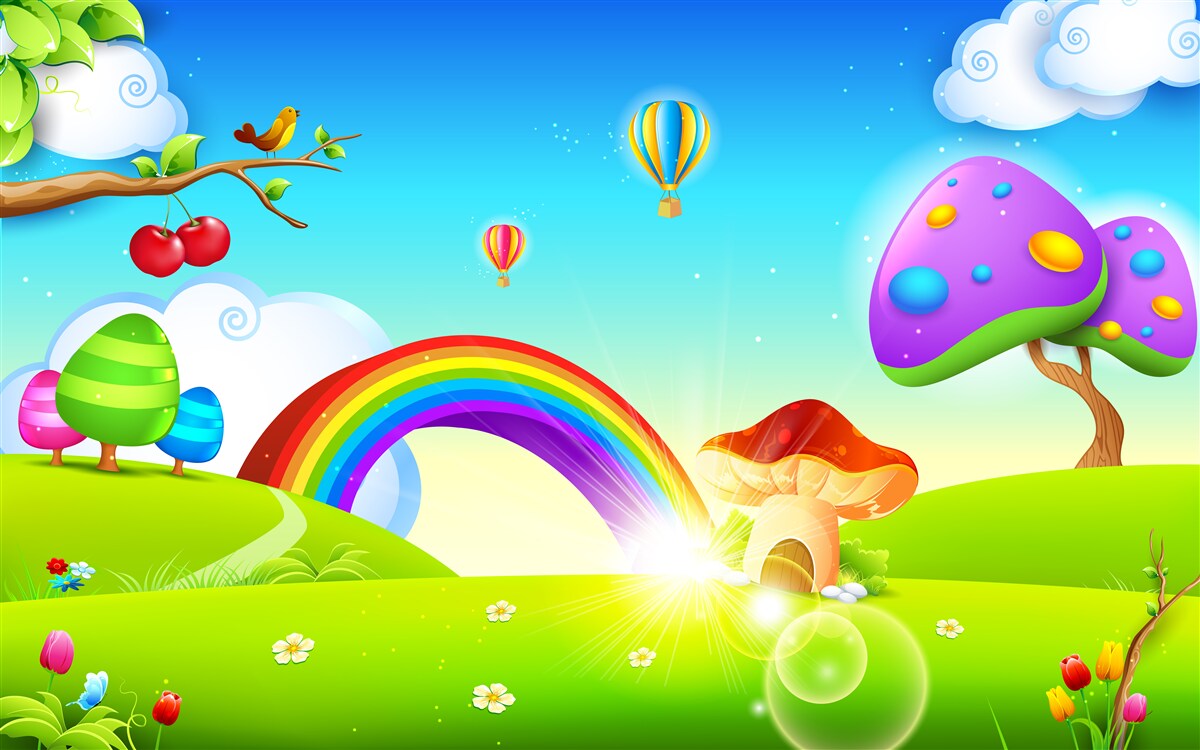 Papier peint une pelouse fantastique sous un arc-en-ciel lumineux
