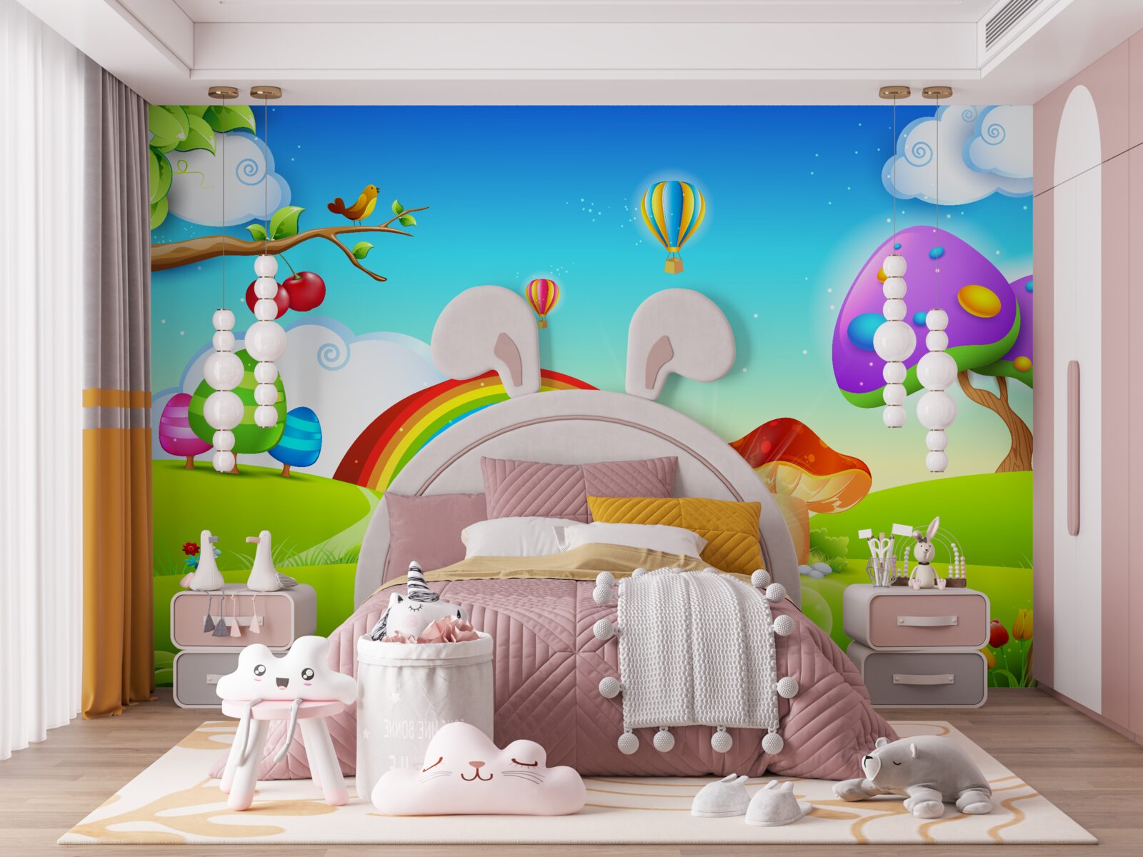 Papier peint une pelouse fantastique sous un arc-en-ciel lumineux