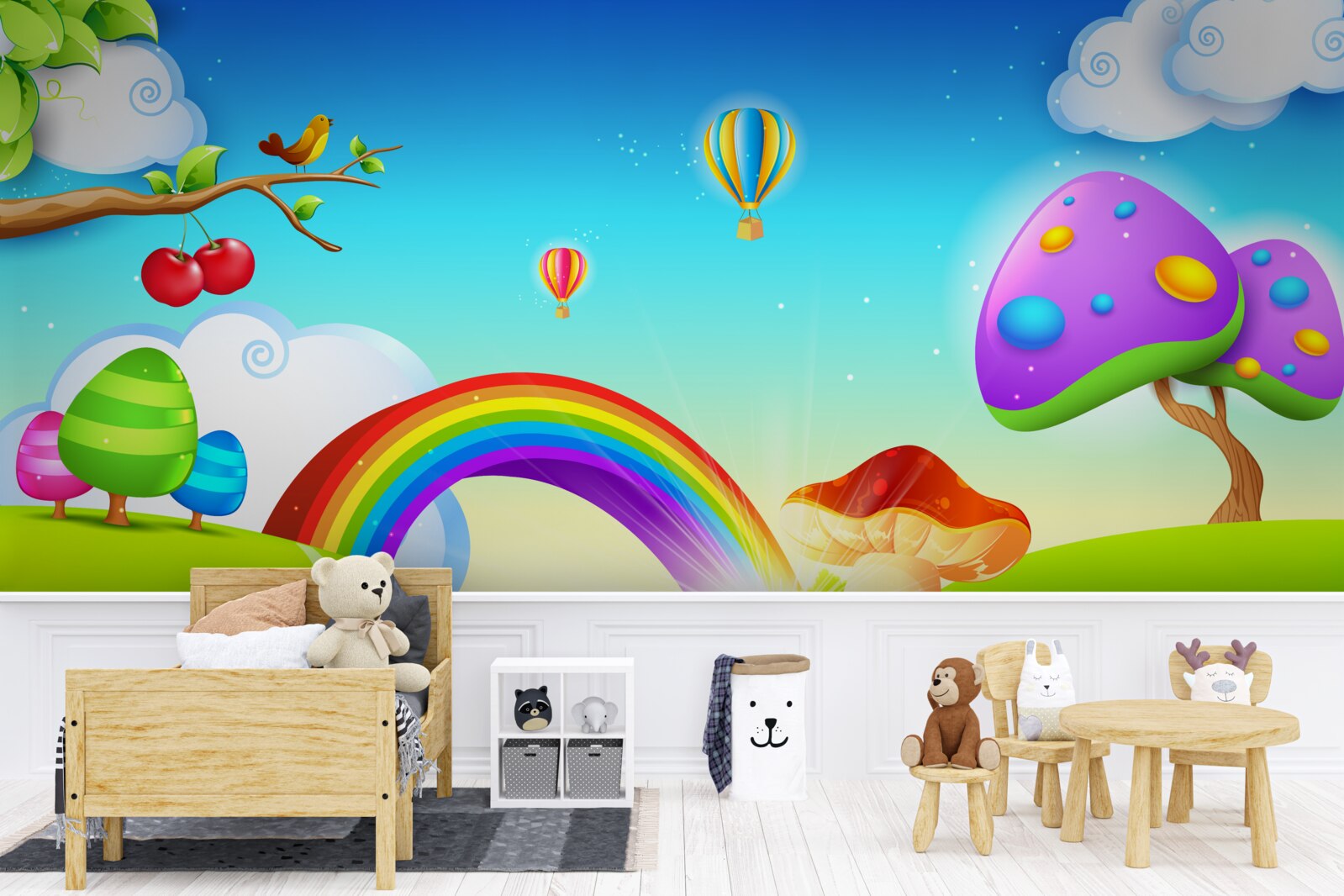 Papier peint une pelouse fantastique sous un arc-en-ciel lumineux