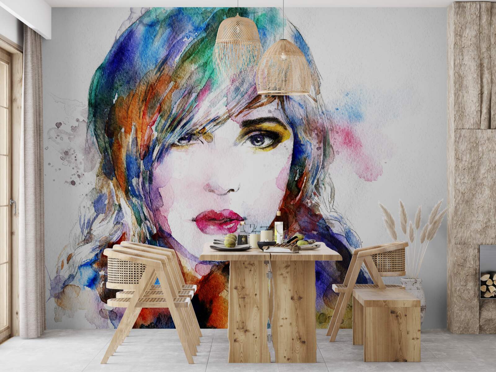 Papier peint image d'une jeune fille réalisée avec des aquarelles lumineuses