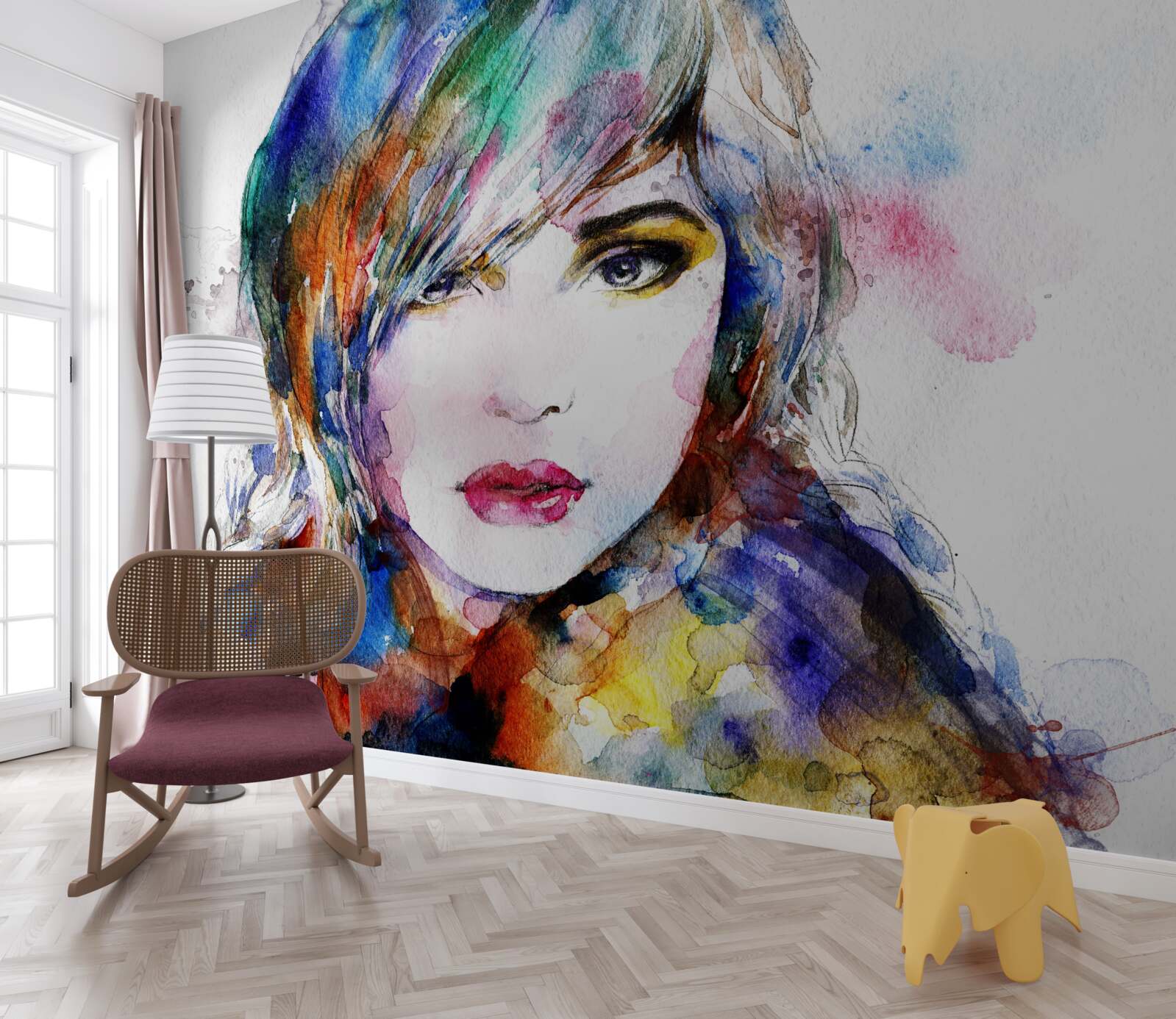 Papier peint image d'une jeune fille réalisée avec des aquarelles lumineuses