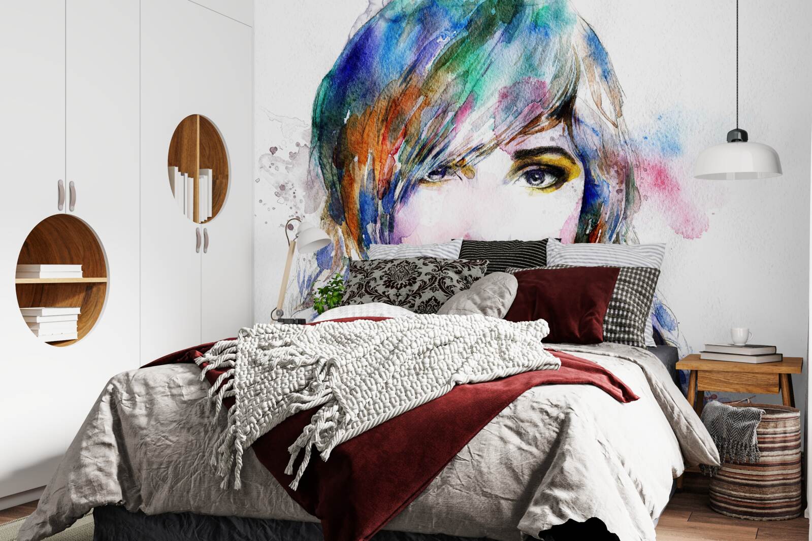 Papier peint image d'une jeune fille réalisée avec des aquarelles lumineuses