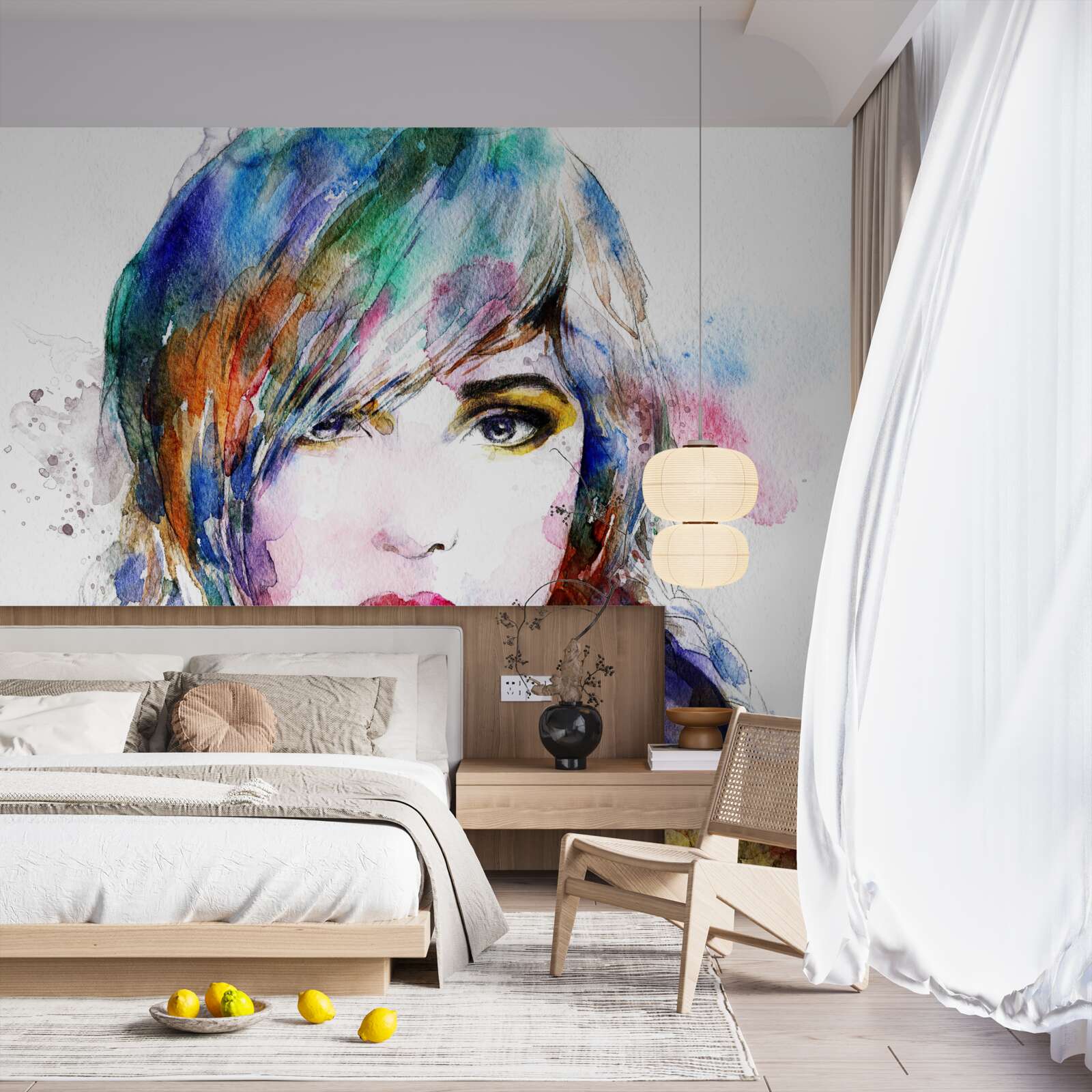 Papier peint image d'une jeune fille réalisée avec des aquarelles lumineuses