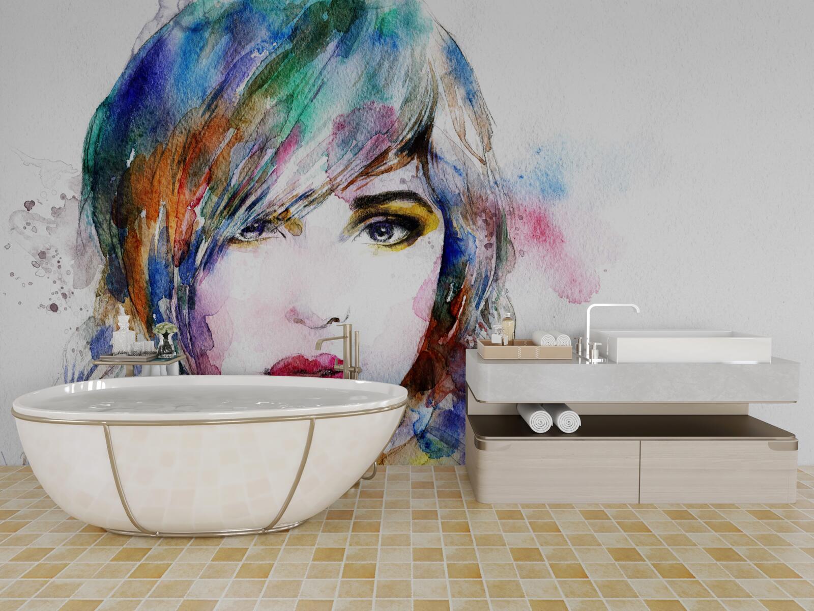 Papier peint image d'une jeune fille réalisée avec des aquarelles lumineuses