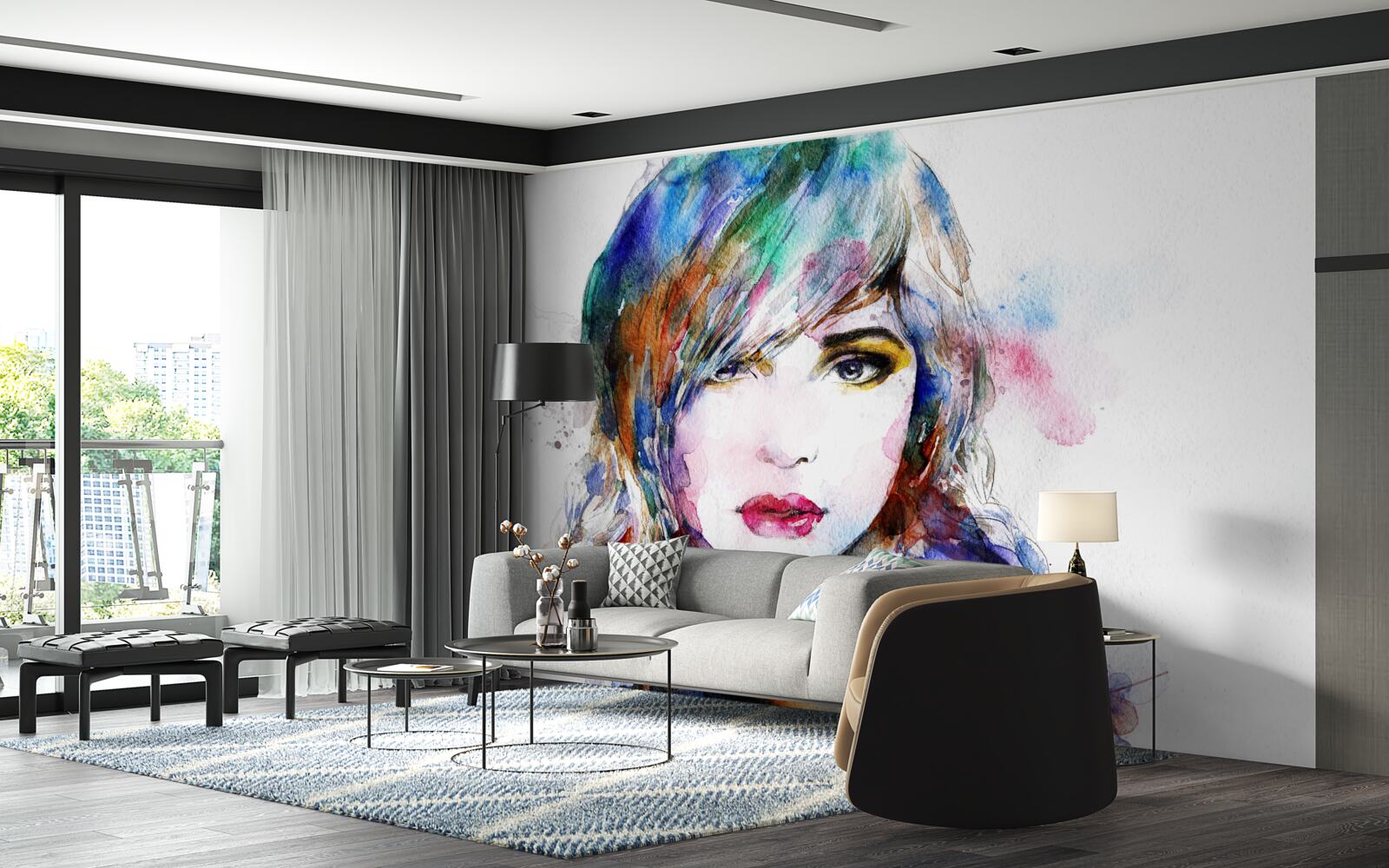 Papier peint image d'une jeune fille réalisée avec des aquarelles lumineuses