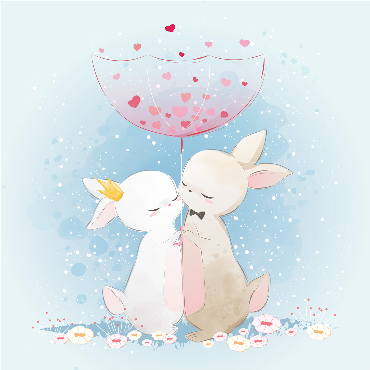 Papier peint lapins amoureux sous un parapluie