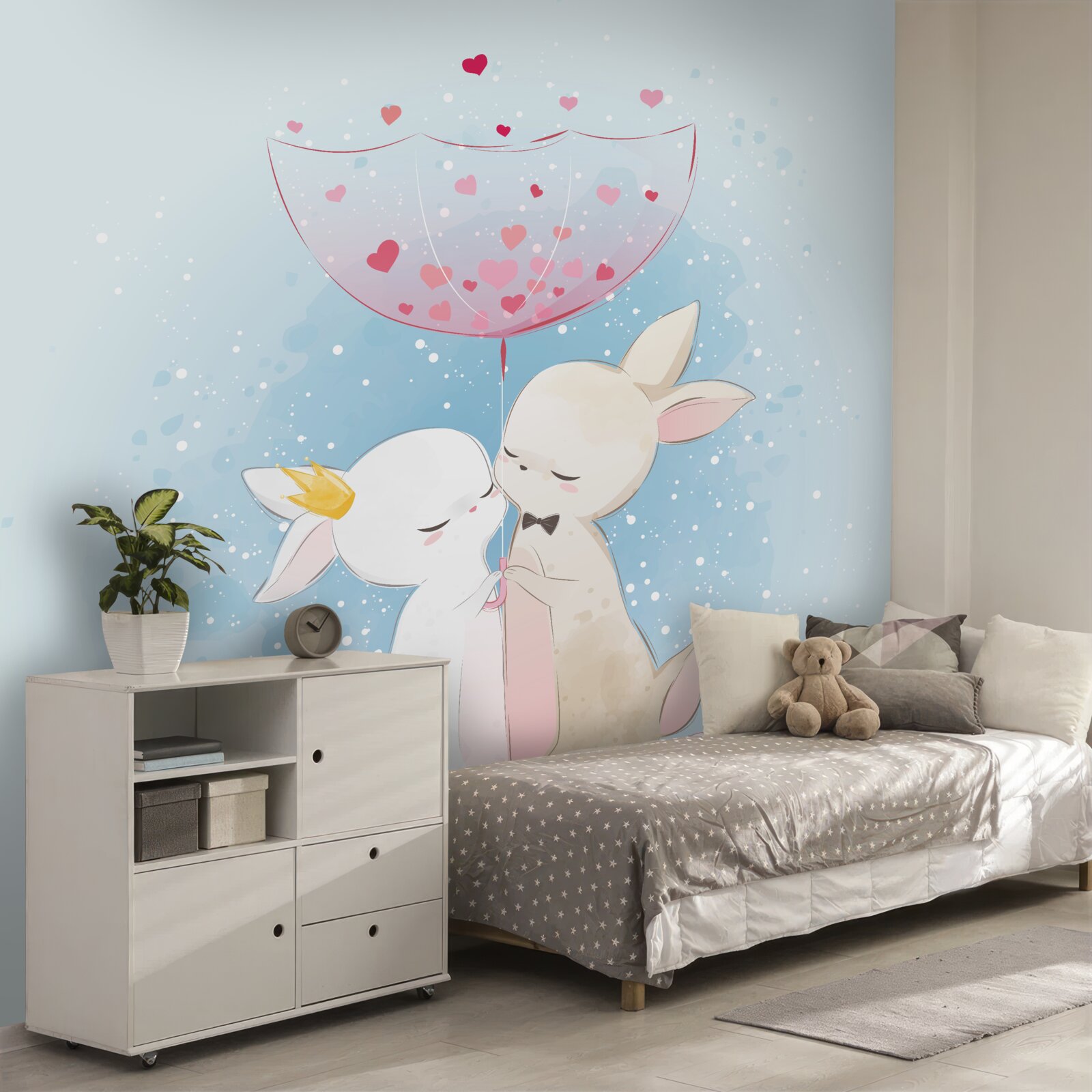 Papier peint lapins amoureux sous un parapluie