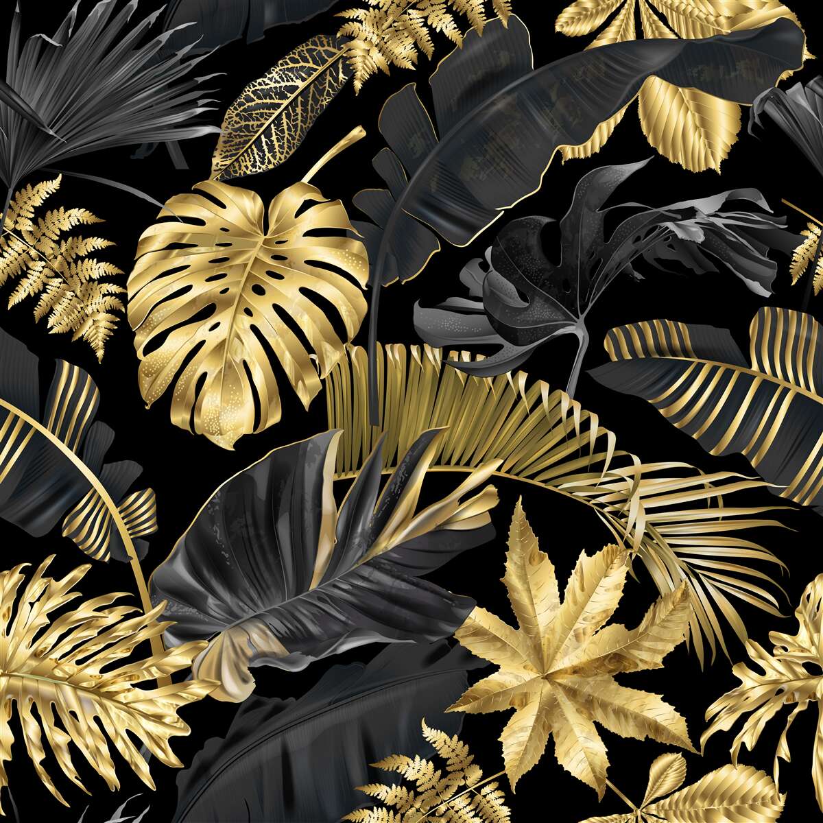 Papier peint Feuilles tropicales en noir et or