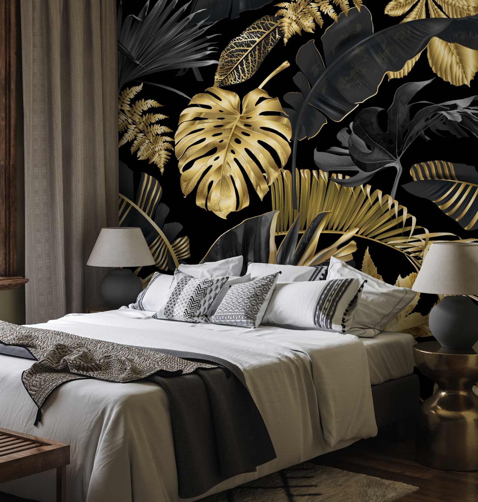 Papier peint Feuilles tropicales en noir et or