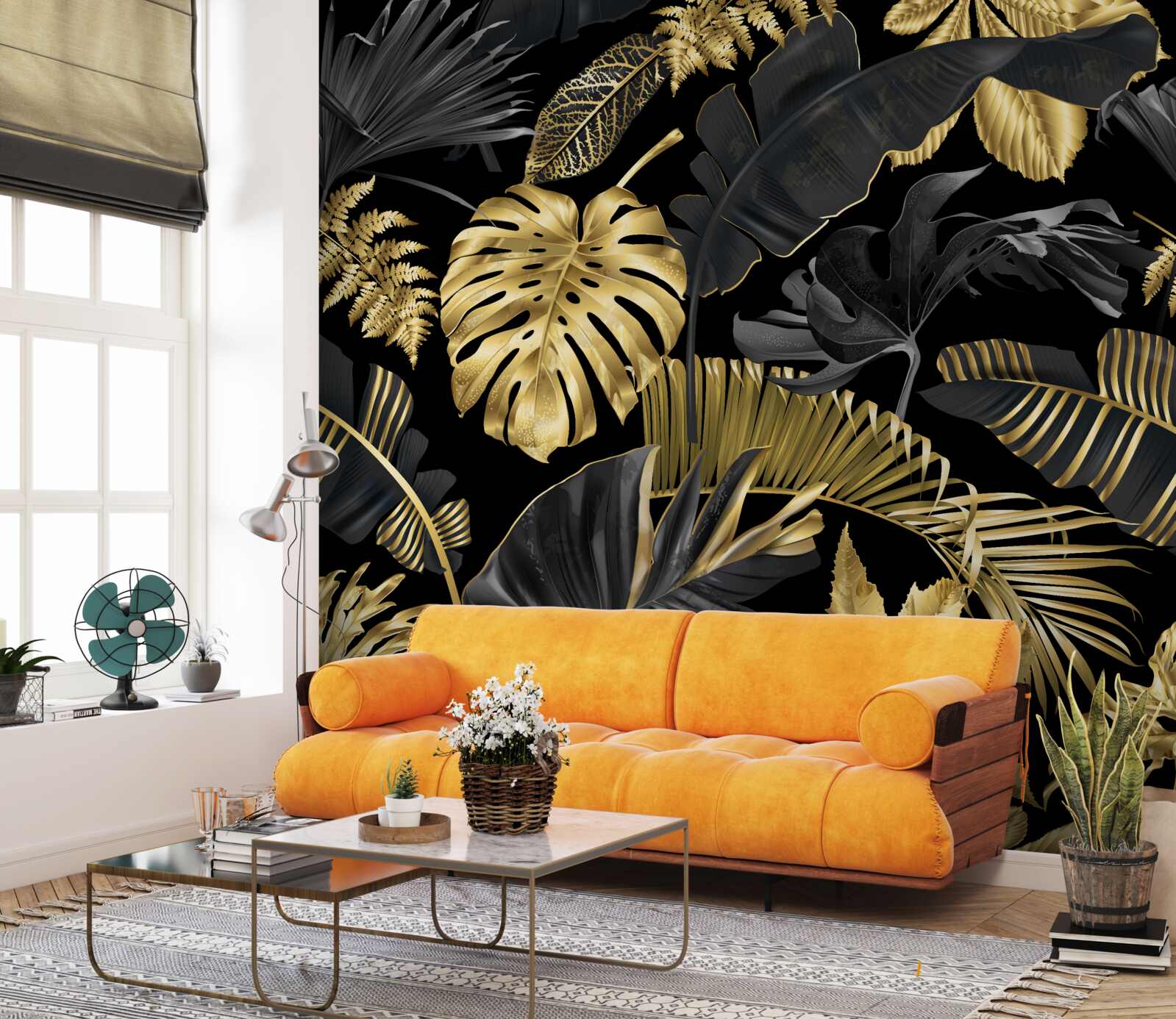 Papier peint Feuilles tropicales en noir et or