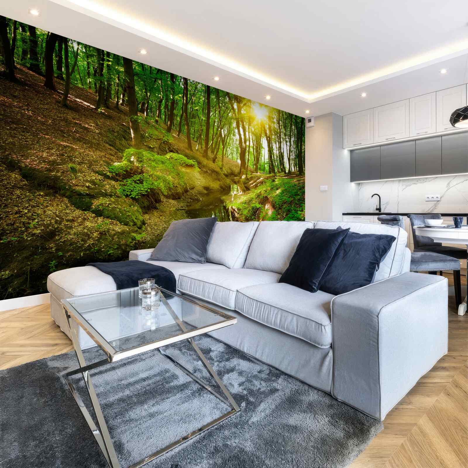 Papier peint soleil matinal dans une forêt verte remplie de feuilles