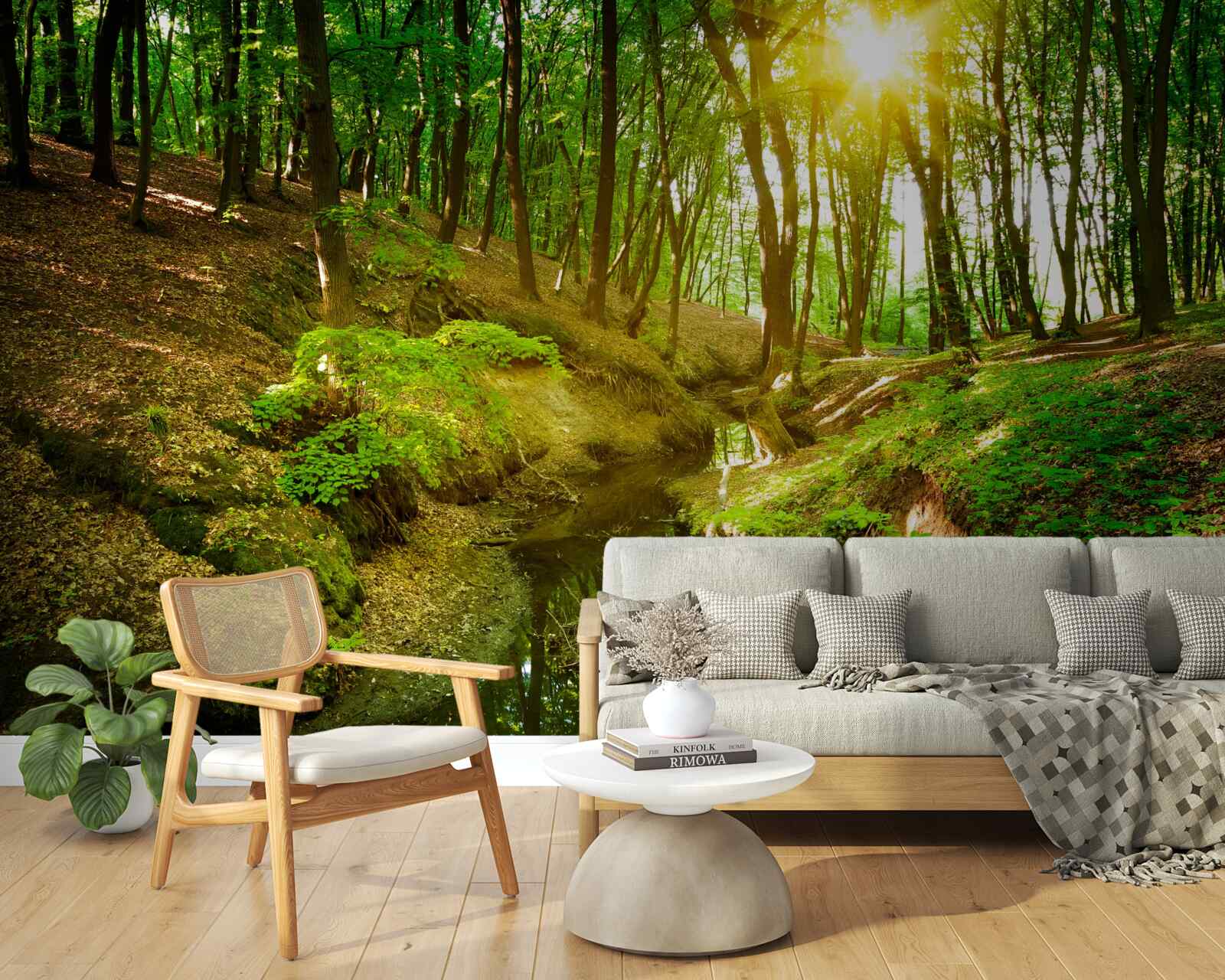 Papier peint soleil matinal dans une forêt verte remplie de feuilles