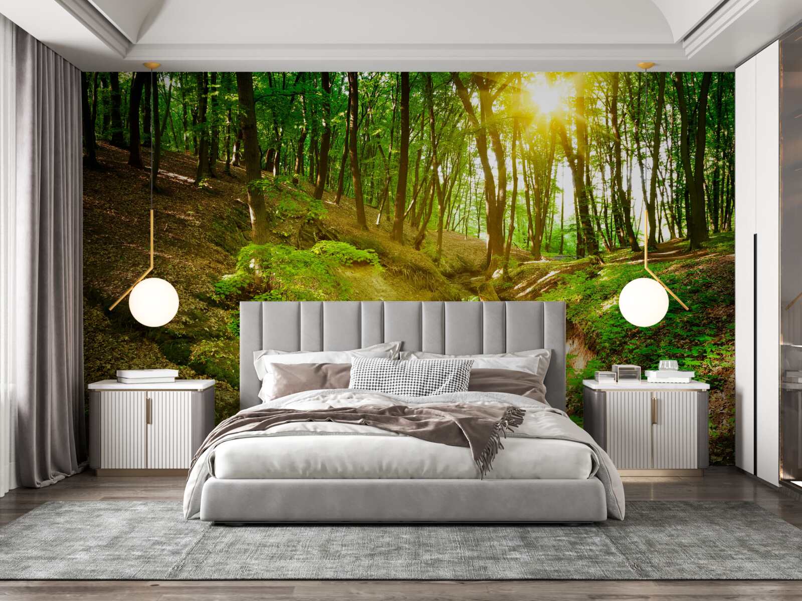 Papier peint soleil matinal dans une forêt verte remplie de feuilles