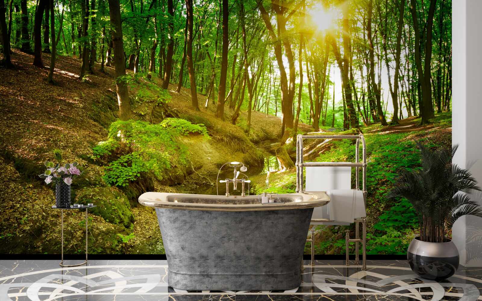 Papier peint soleil matinal dans une forêt verte remplie de feuilles