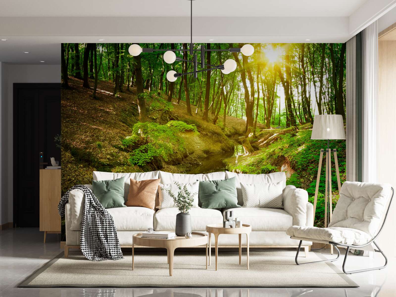 Papier peint soleil matinal dans une forêt verte remplie de feuilles