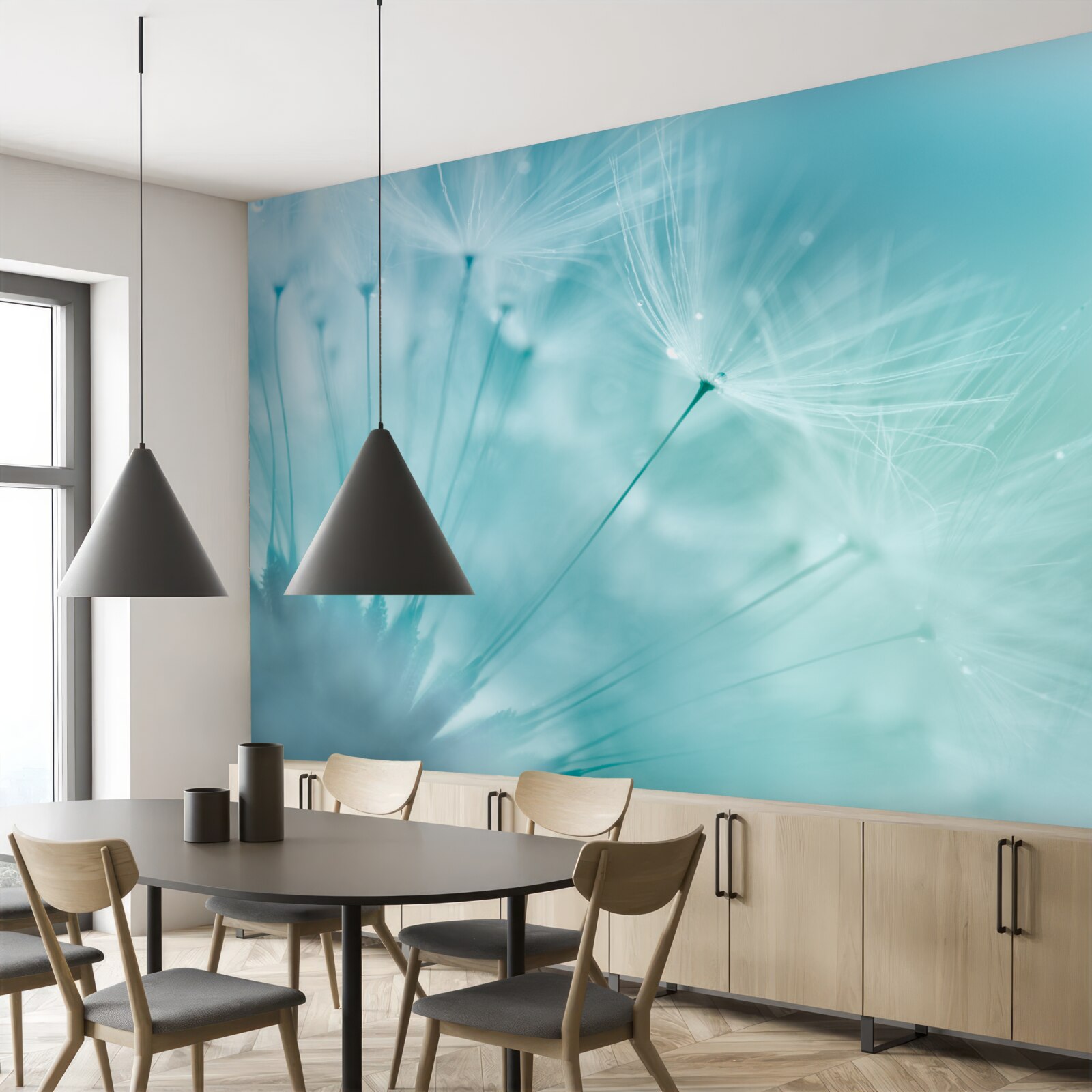 Papier peint pissenlit avec fleurs sur fond de ciel bleu