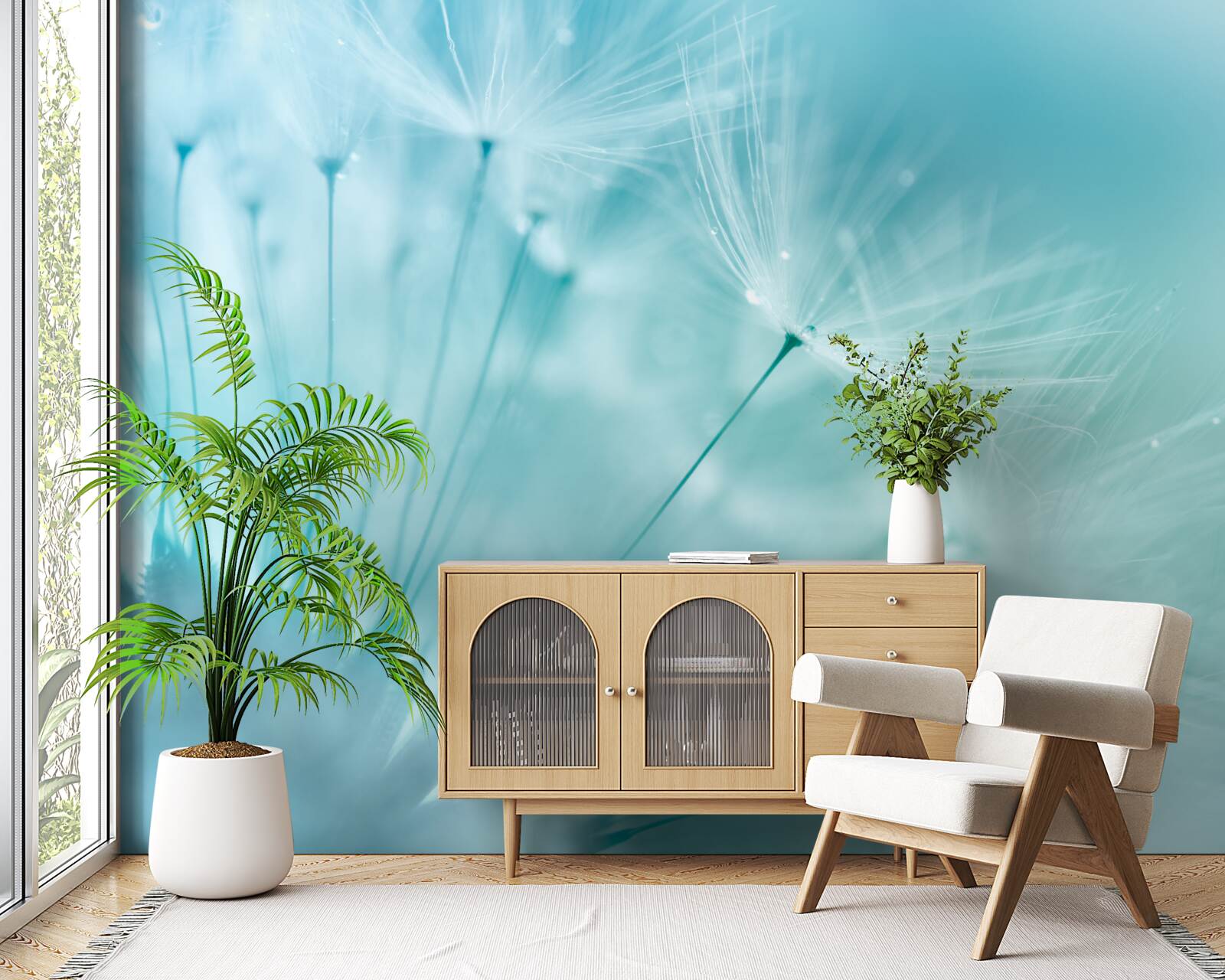 Papier peint pissenlit avec fleurs sur fond de ciel bleu