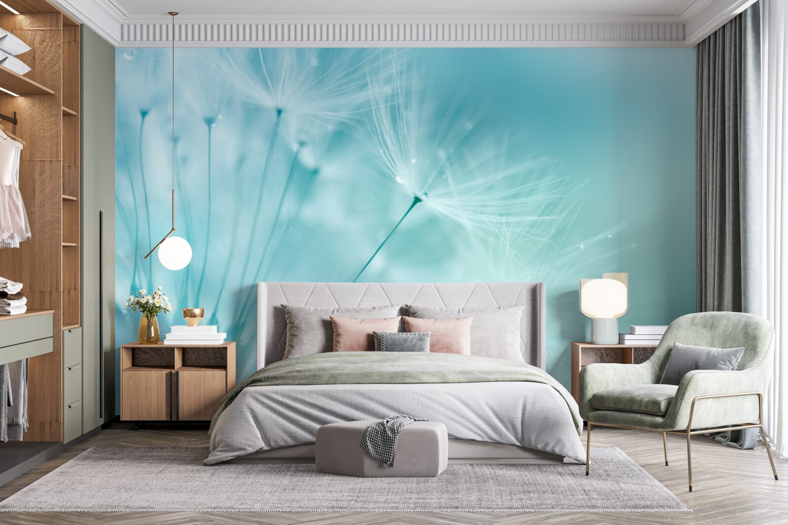 Papier peint pissenlit avec fleurs sur fond de ciel bleu