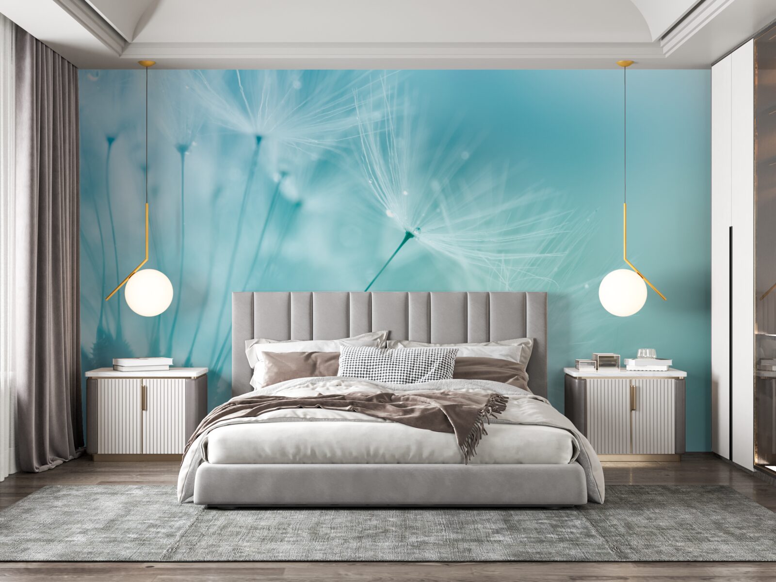 Papier peint pissenlit avec fleurs sur fond de ciel bleu