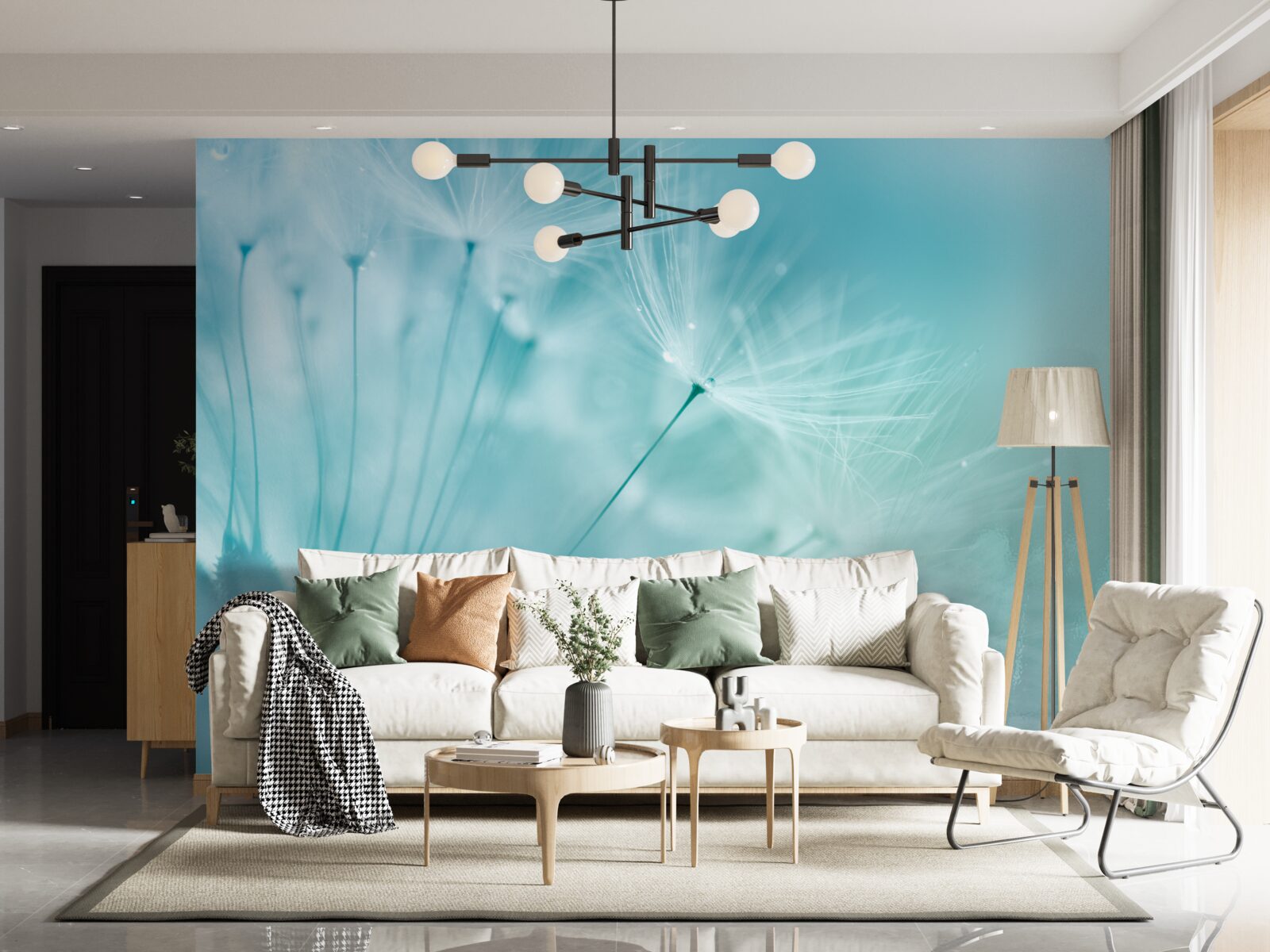 Papier peint pissenlit avec fleurs sur fond de ciel bleu