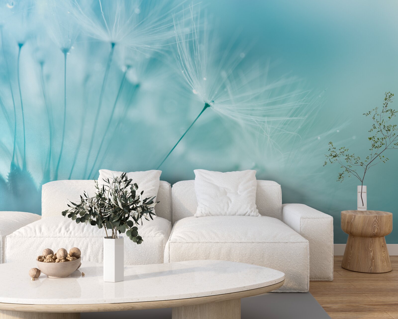 Papier peint pissenlit avec fleurs sur fond de ciel bleu