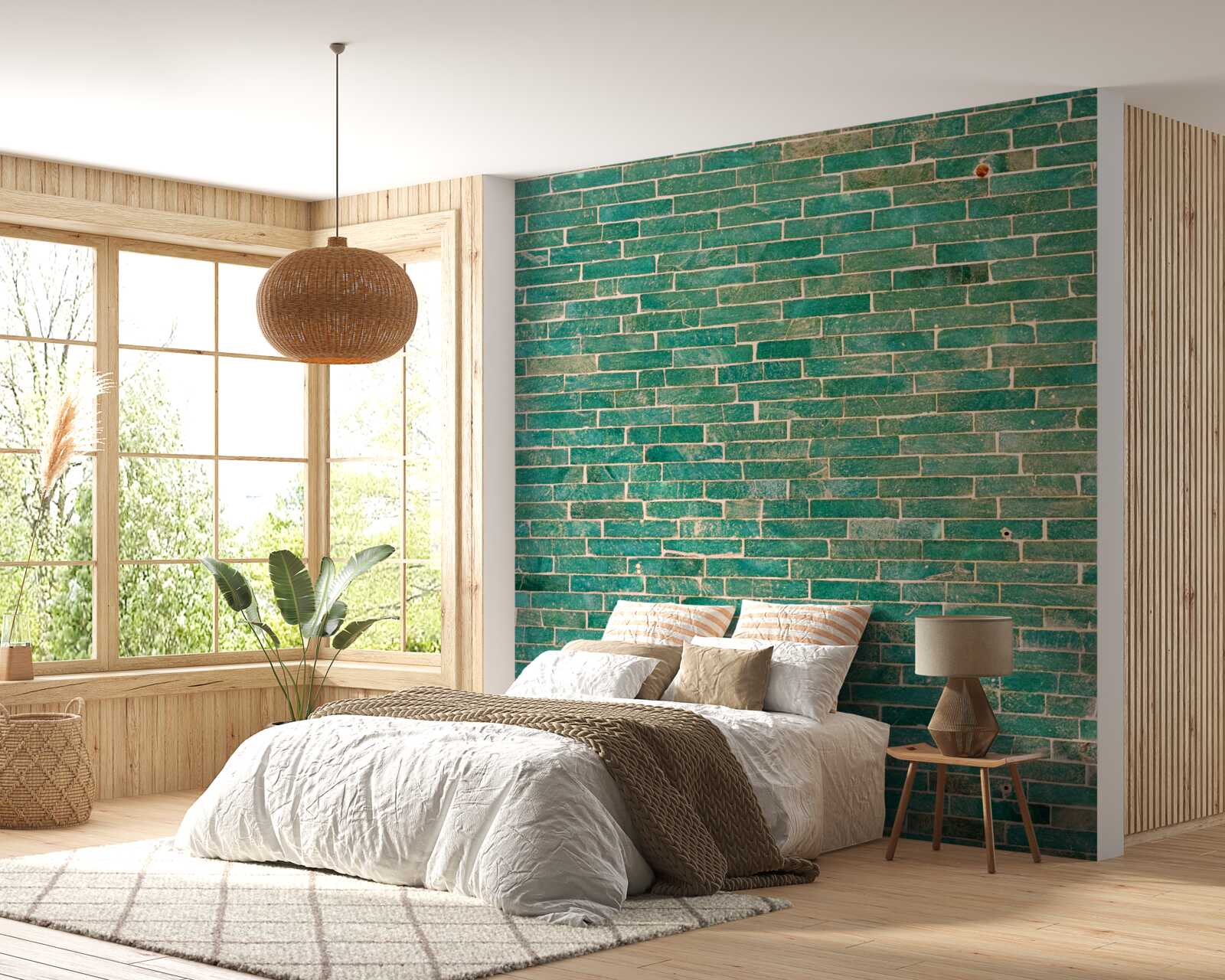 Papier peint Mur de briques peint en vert