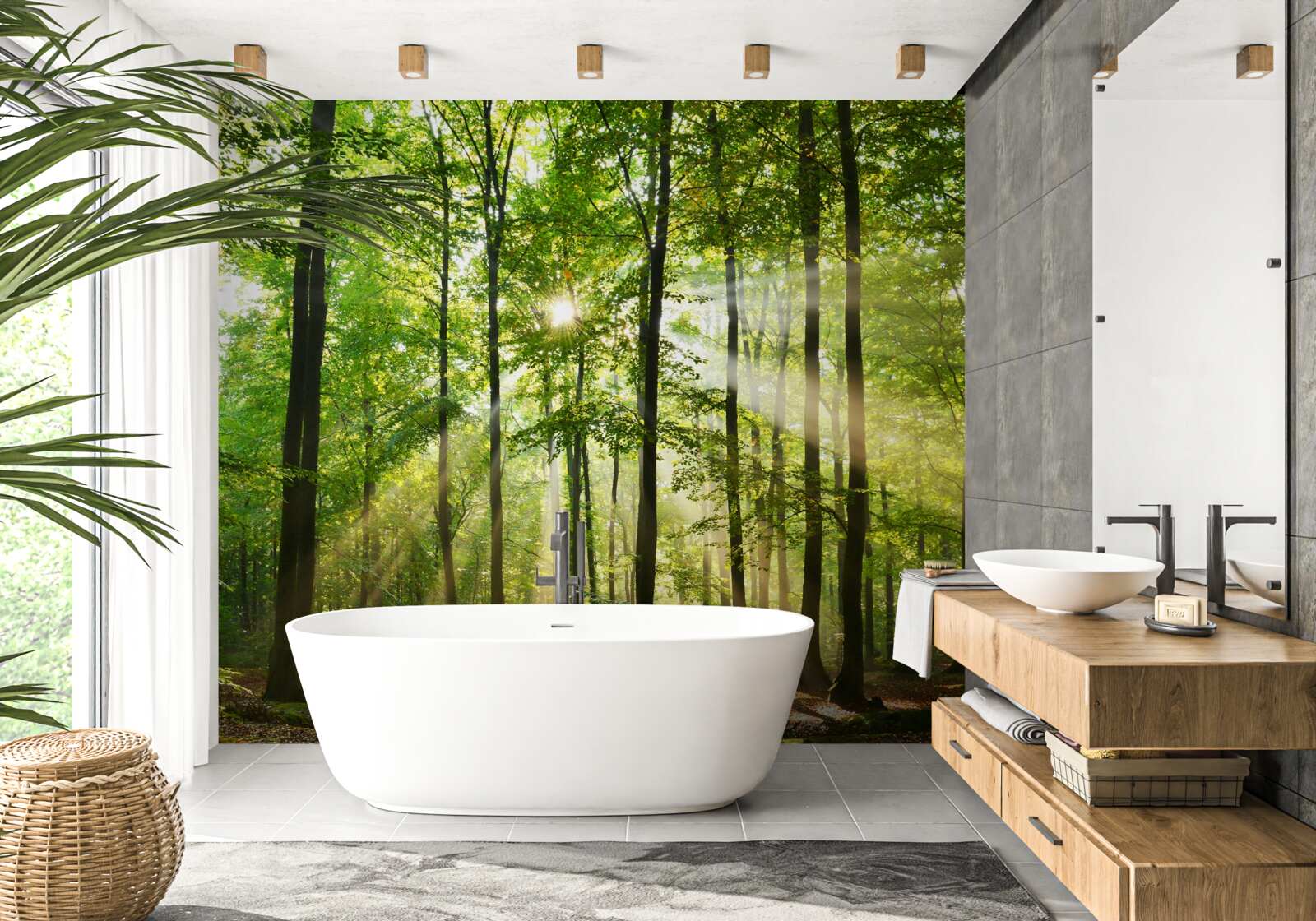 Papier peint les rayons du soleil percent la forêt verte et bien ordonnée