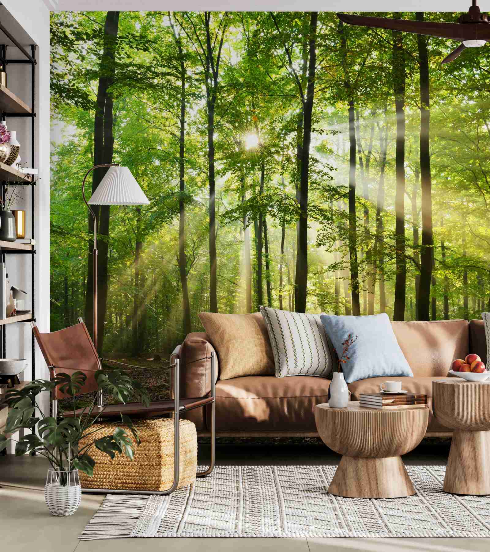 Papier peint les rayons du soleil percent la forêt verte et bien ordonnée