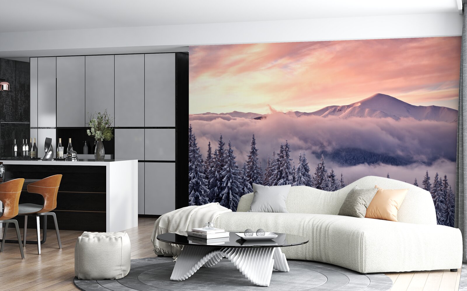 Papier peint Le coucher de soleil enveloppé de brume dans les montagnes peint l'espace dans des tons roses et froids.