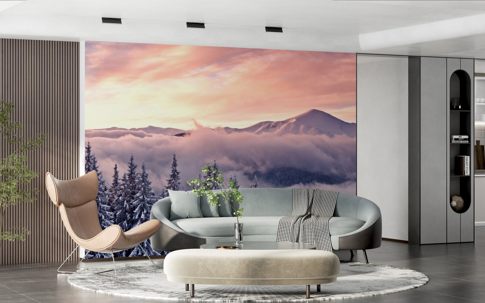 Papier peint Le coucher de soleil enveloppé de brume dans les montagnes peint l'espace dans des tons roses et froids.