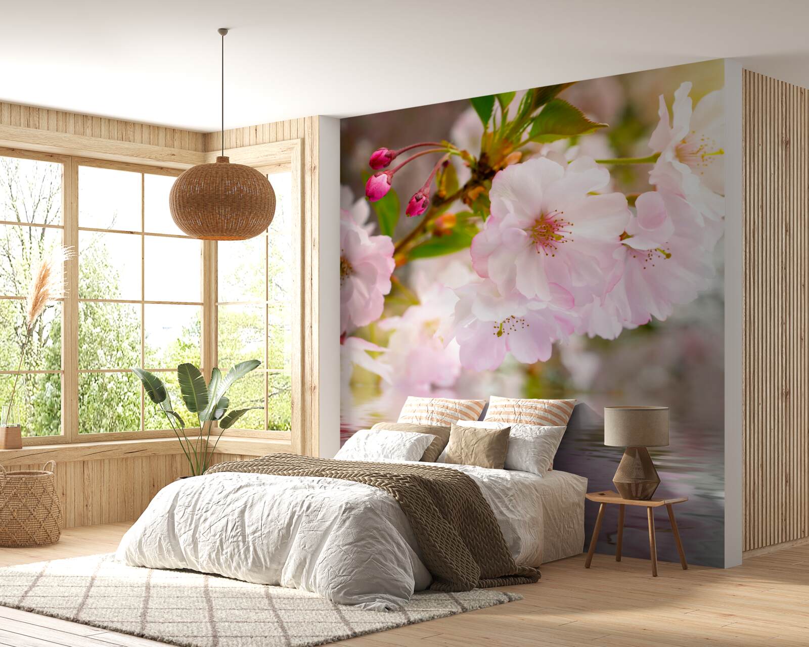 Papier peint des branches de cerisiers aux fleurs roses sont suspendues au-dessus de l'eau