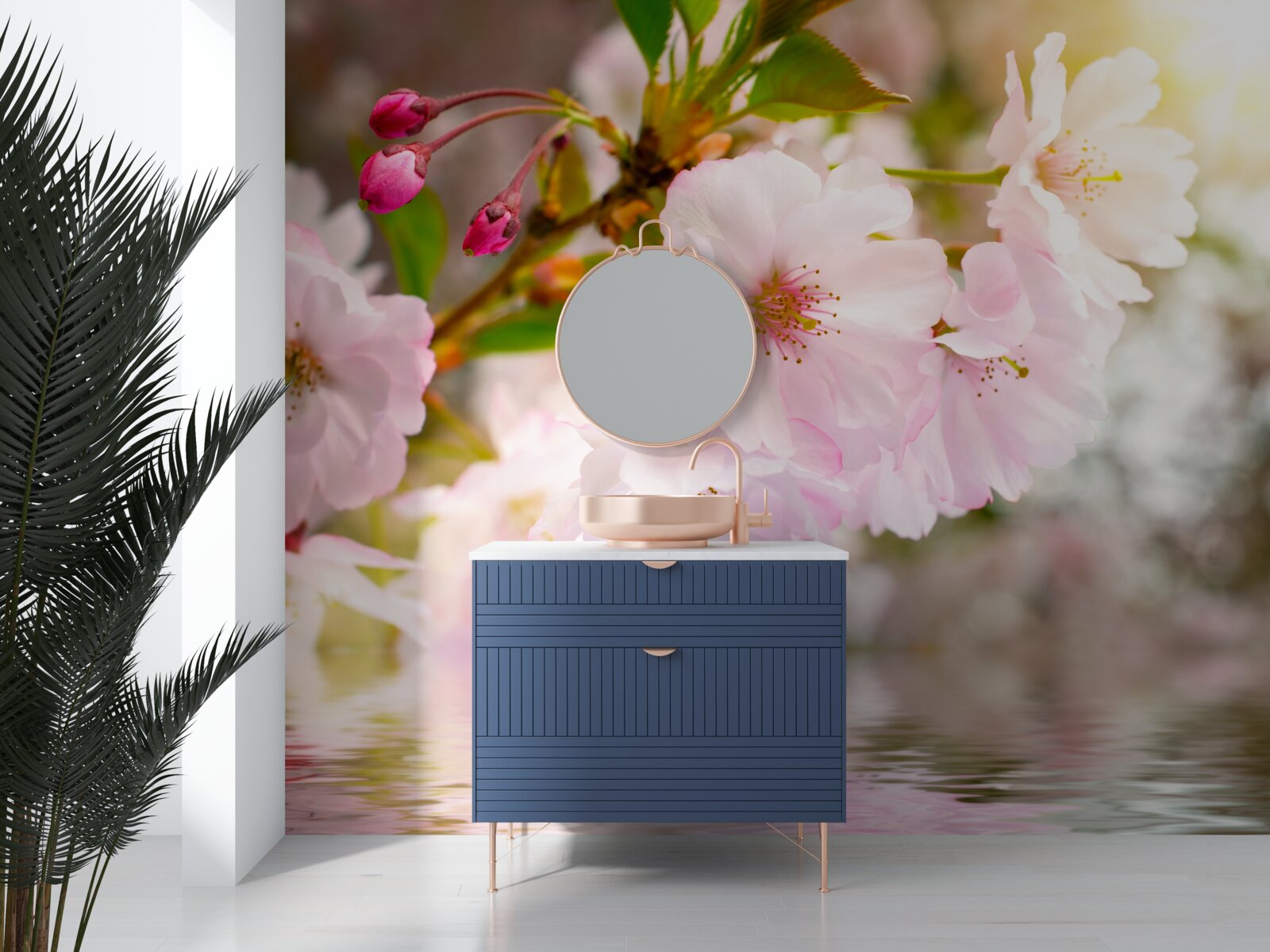 Papier peint des branches de cerisiers aux fleurs roses sont suspendues au-dessus de l'eau