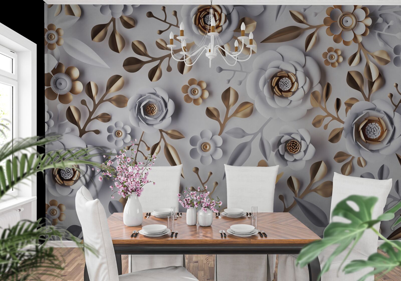 Papier peint feuilles dorées et fleurs blanches