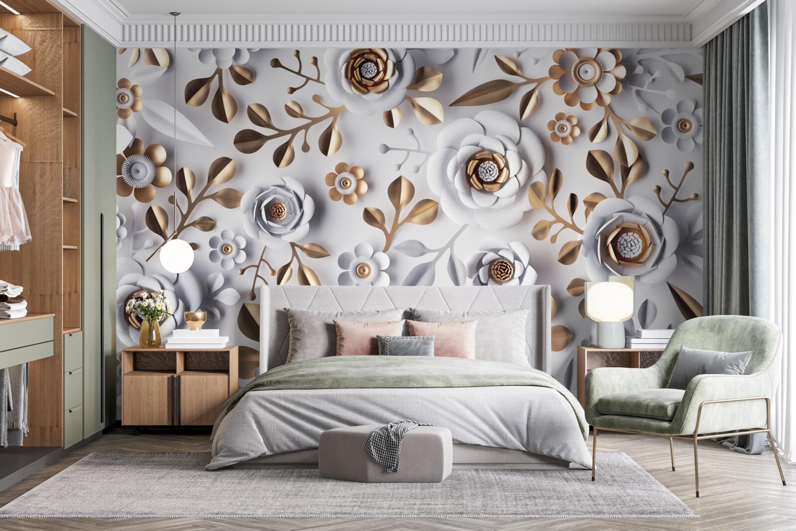 Papier peint feuilles dorées et fleurs blanches