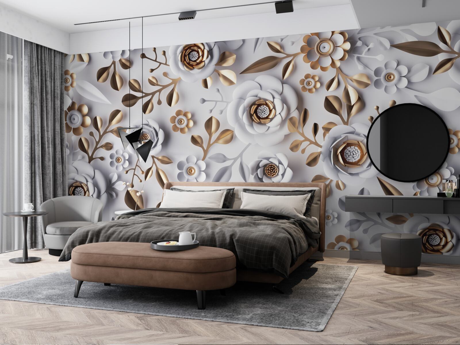 Papier peint feuilles dorées et fleurs blanches