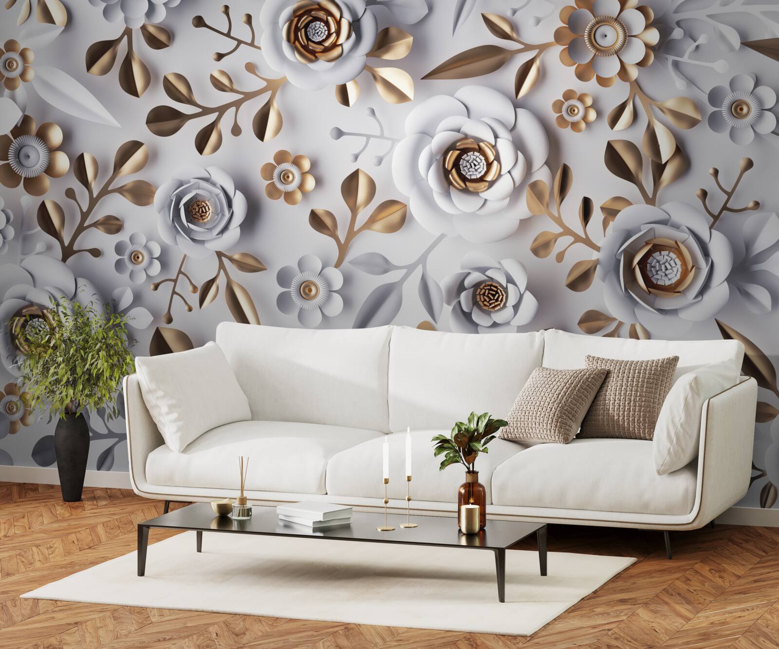 Papier peint feuilles dorées et fleurs blanches