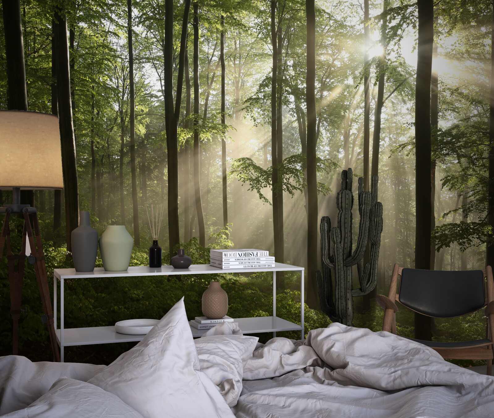 Papier peint les rayons du soleil pénètrent la brume dans la forêt