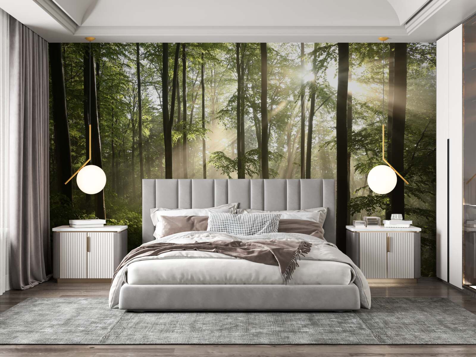 Papier peint les rayons du soleil pénètrent la brume dans la forêt