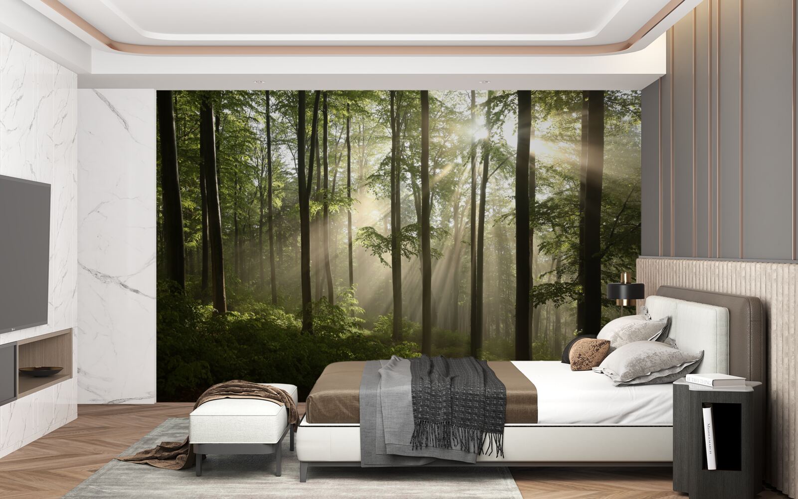 Papier peint les rayons du soleil pénètrent la brume dans la forêt