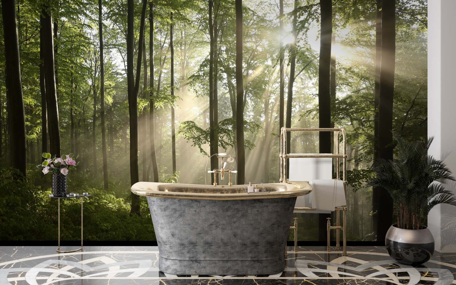 Papier peint les rayons du soleil pénètrent la brume dans la forêt