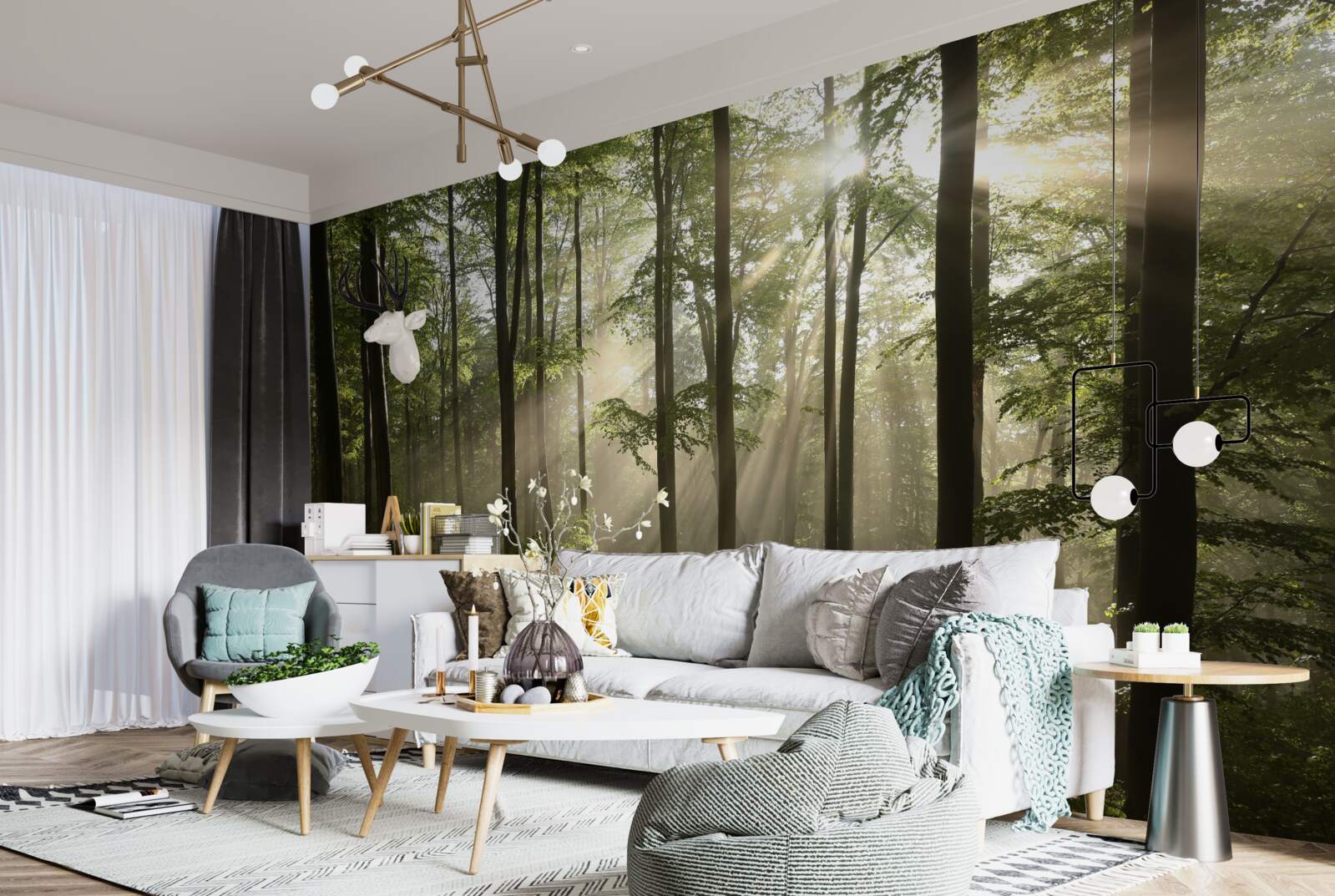 Papier peint les rayons du soleil pénètrent la brume dans la forêt