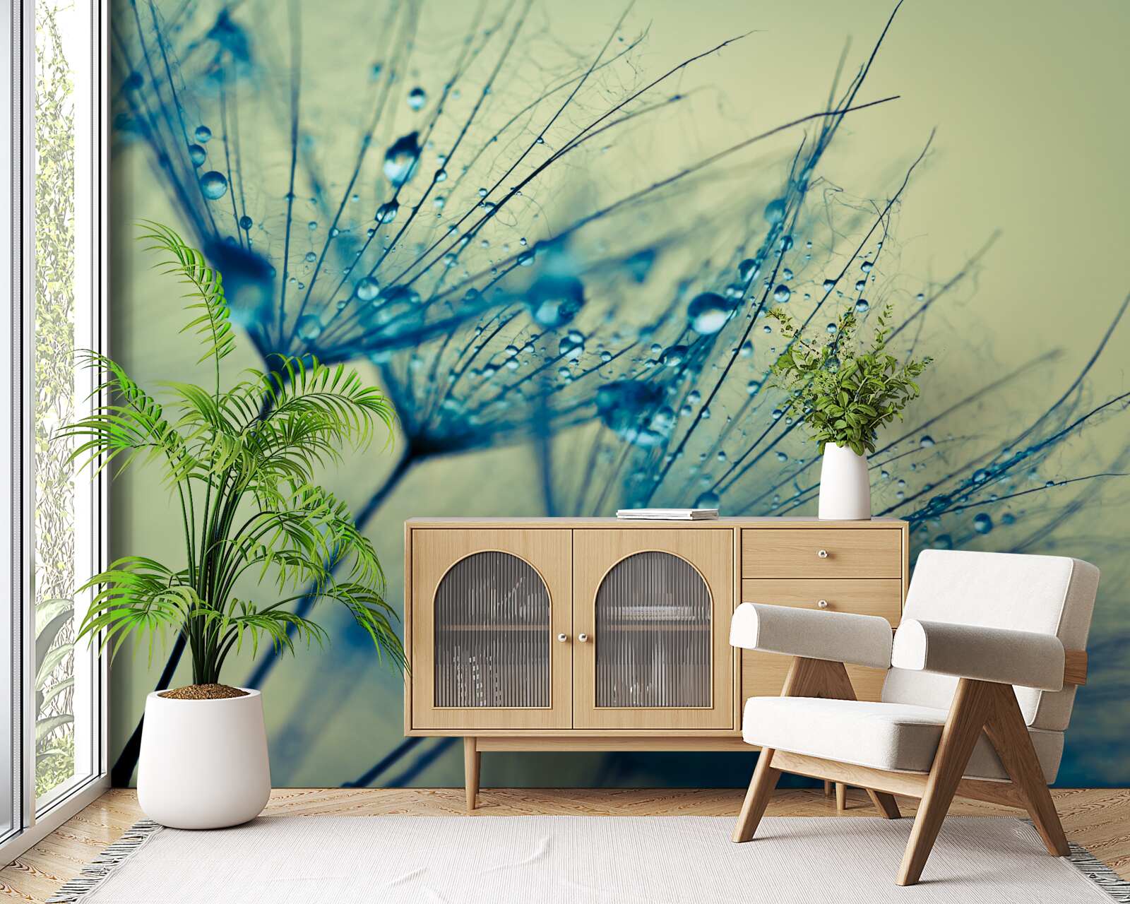 Papier peint pissenlit décoré de gouttes d'eau