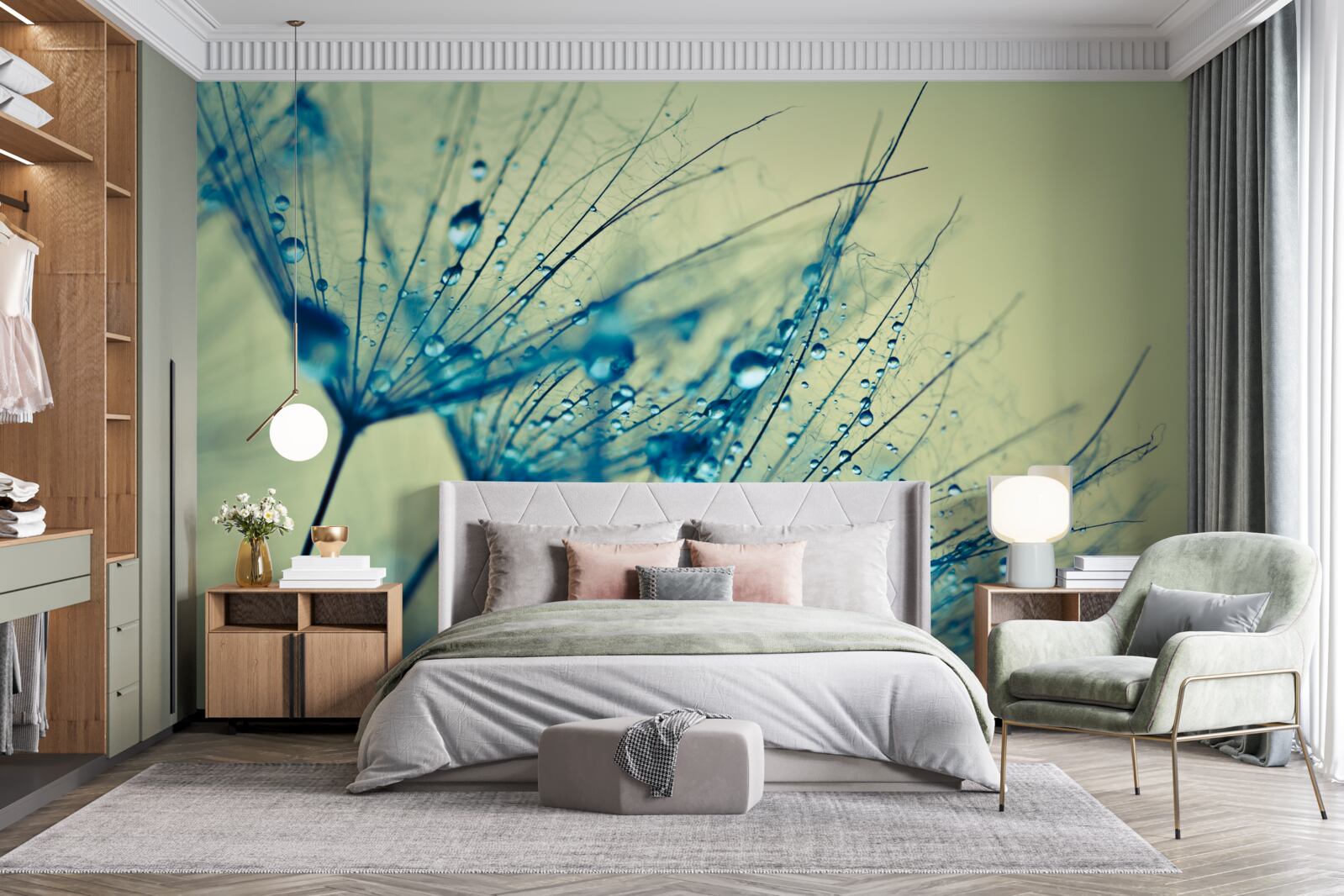 Papier peint pissenlit décoré de gouttes d'eau