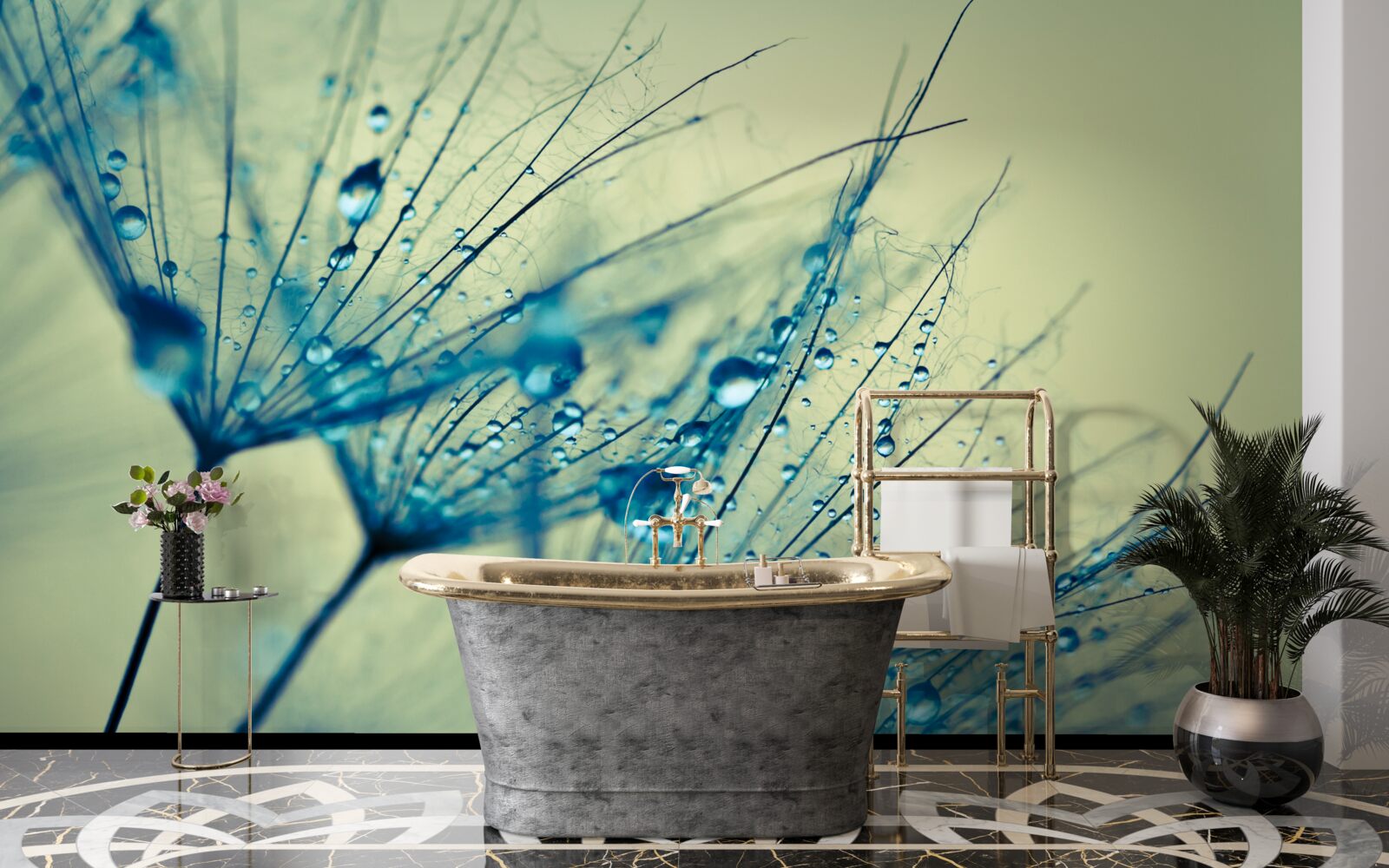 Papier peint pissenlit décoré de gouttes d'eau